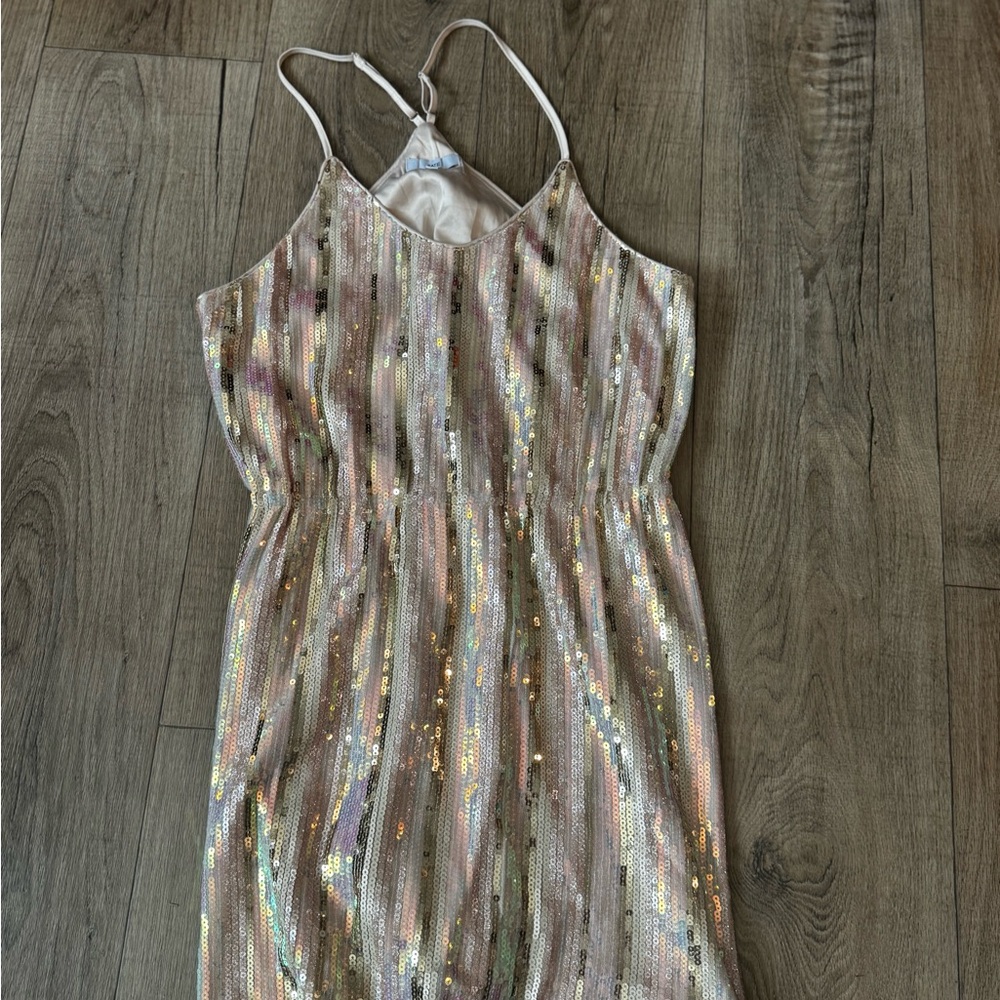 Fate Sequin Striped Midi Dress in Iridescent Pink and Gold